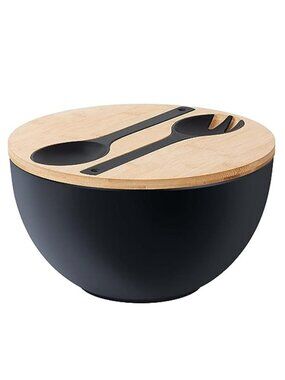 11.3" Extra Large Salad Bowl with Wooden Lid & Servers, 208Oz, Oversized Bamboo